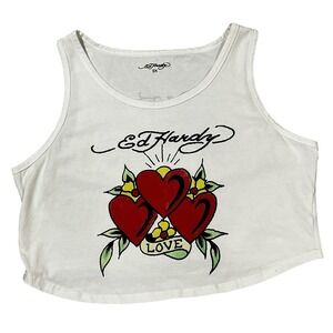 Ed Hardy 3 Hearts Love Cropped Tank Top Women's White Size 2X  Streetwear